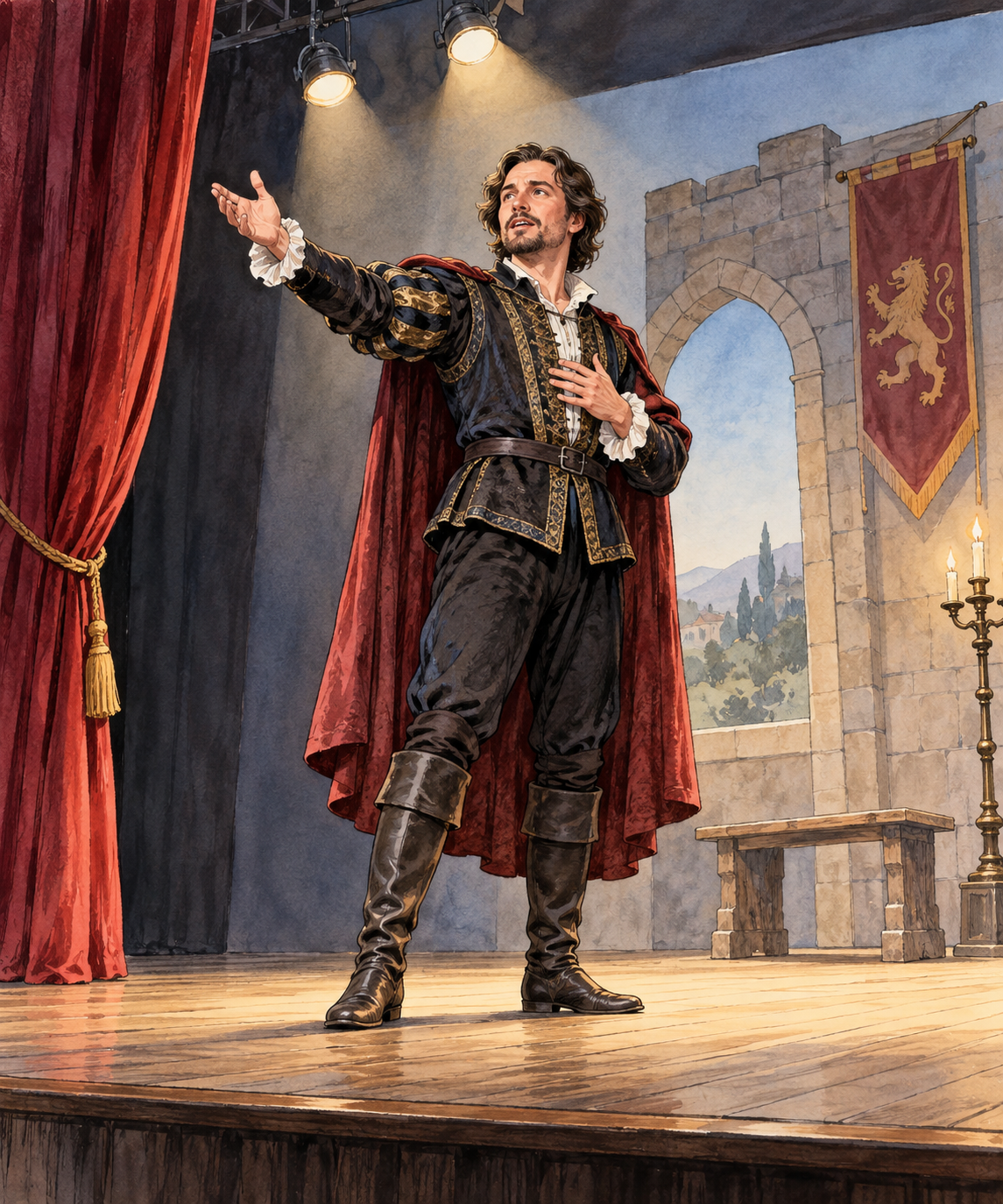 An actor performs on a small theater stage in costume beneath stage lights.