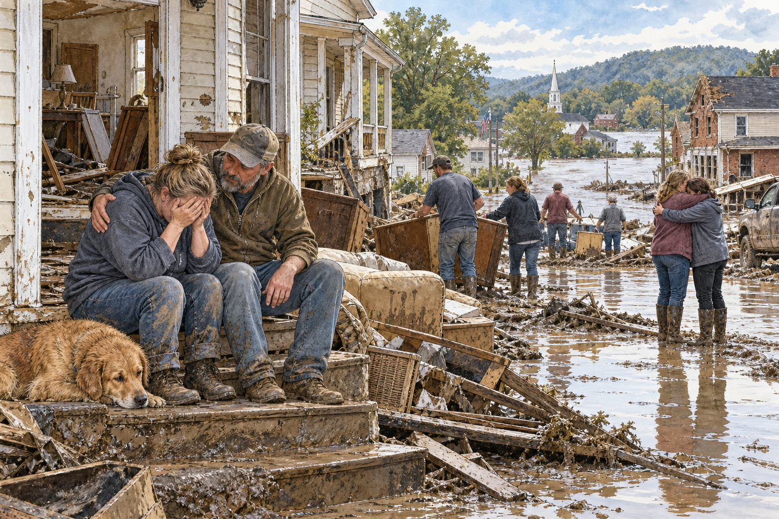 A town street after a flood with damaged homes and residents comforting one another, serious loss shown respectfully, no bodies or graphic injury.