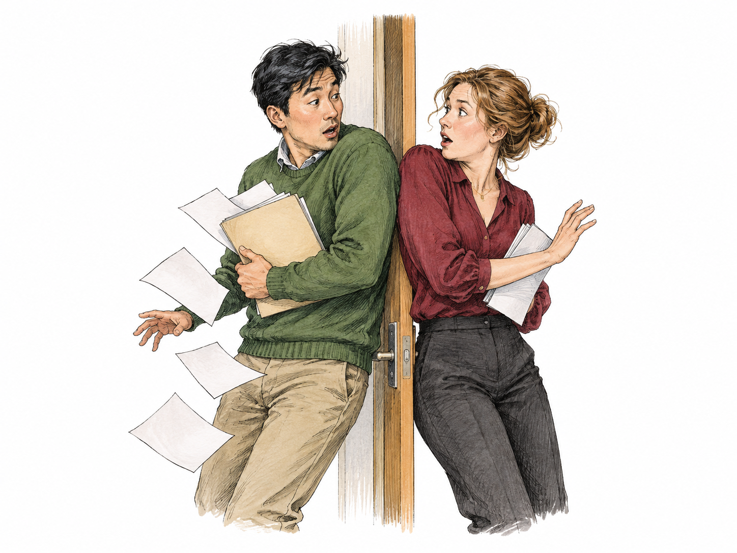 Two adults unexpectedly bump shoulders while rounding opposite sides of a doorway, papers slipping harmlessly from one plain folder as both react with surprise.