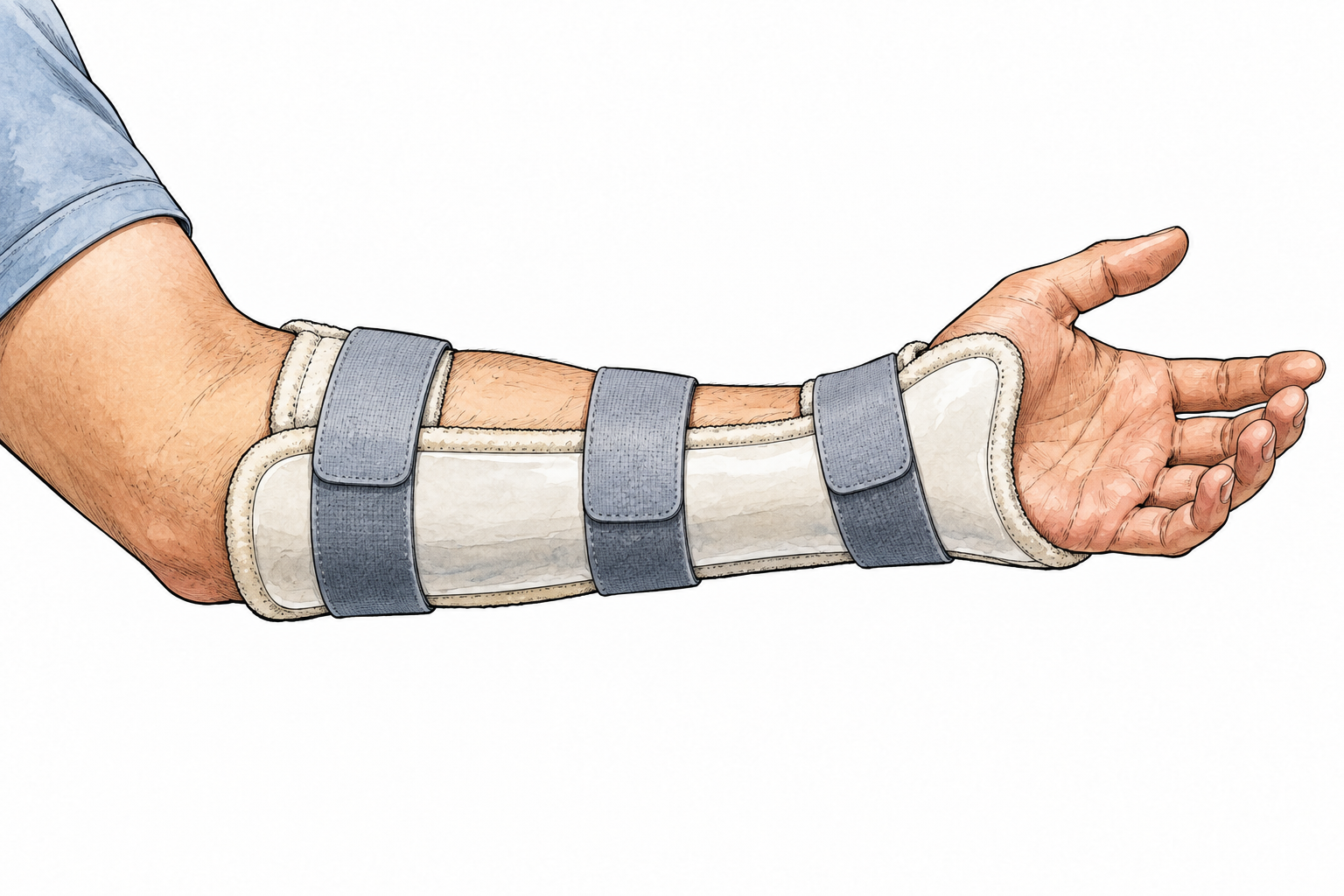 A clean clinical illustration of an injured forearm immobilized by a padded rigid splint secured with straps, no open injury.