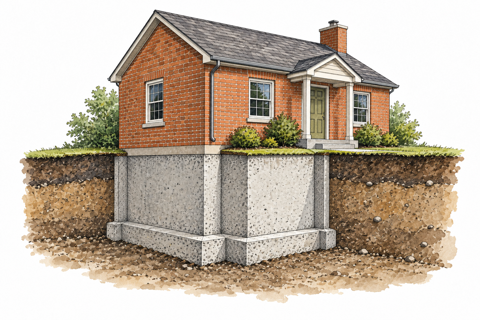 A cutaway view of a small modern brick house exposes its substantial concrete foundation beneath the ground, supporting the walls and distributing their weight in firm soil.