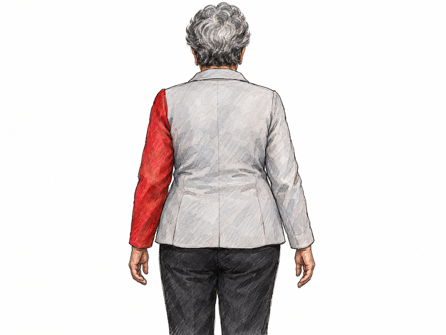 A woman seen directly from behind wears a plain jacket with a red left sleeve and a pale gray right sleeve.