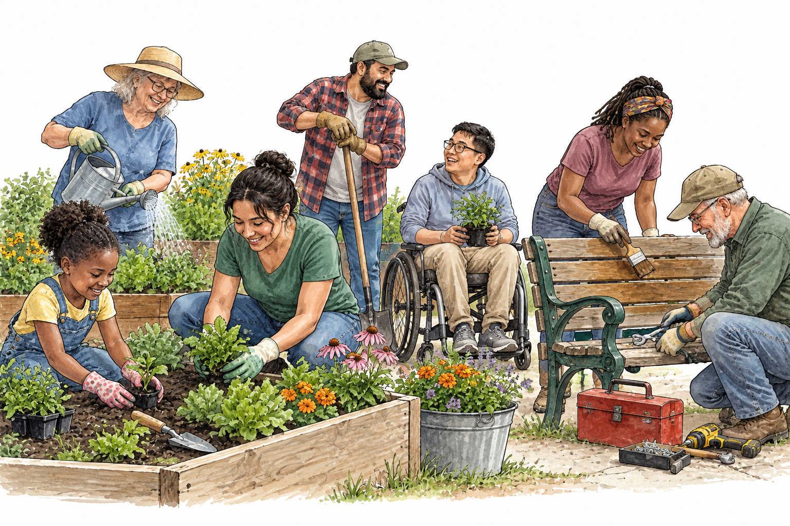 Diverse neighbors together tend gardens and repair a shared neighborhood space.