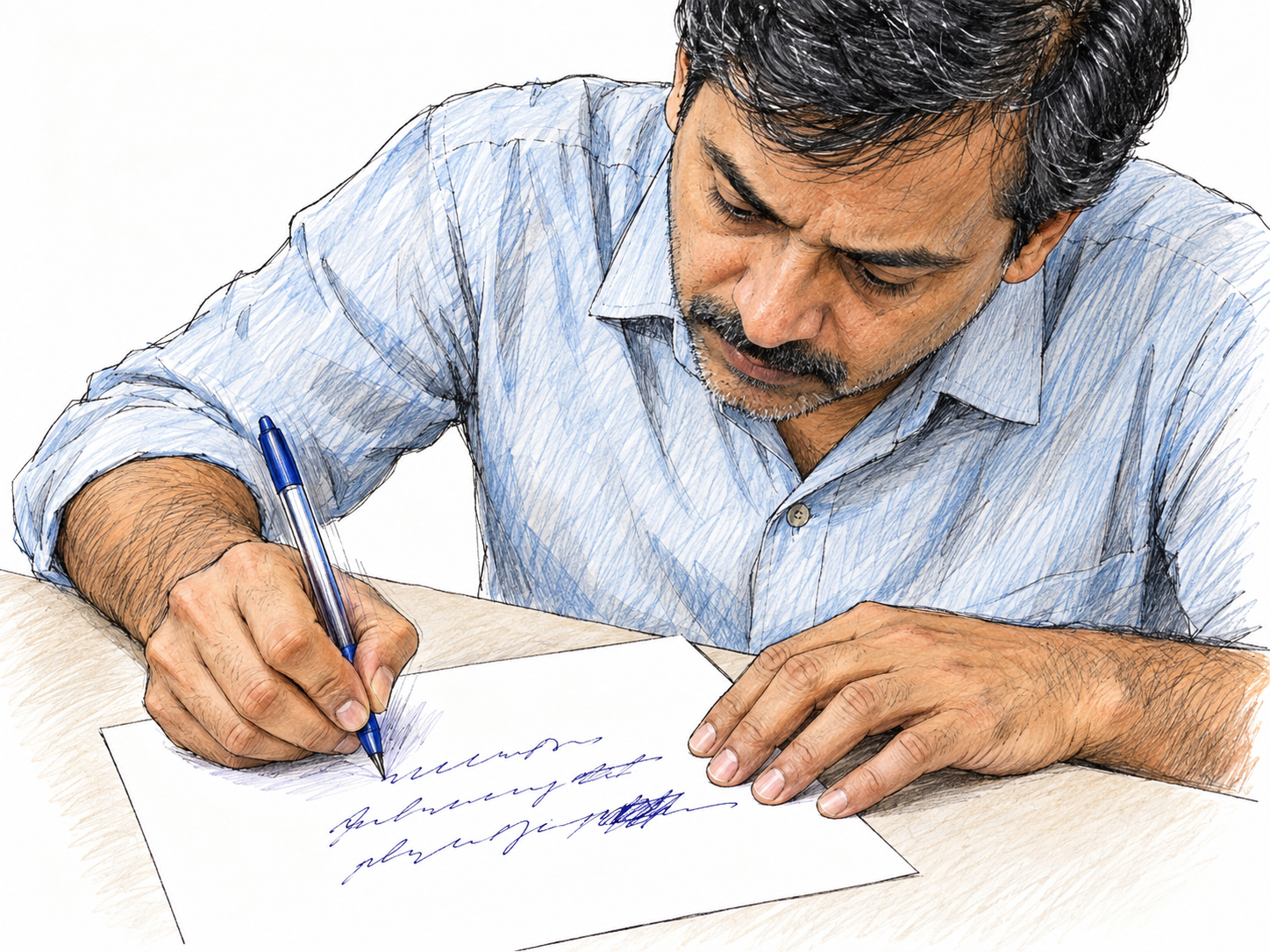 A close view of a man hastily writing a short note, with his moving pen producing uneven, crowded handwriting across an unruled sheet.