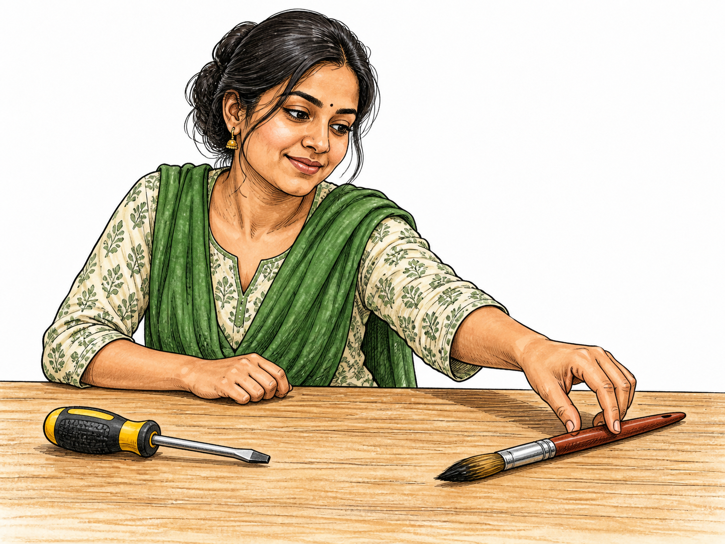An adult naturally reaches toward a paintbrush rather than an alternative tool on the table, expressing a personal preference or leaning.