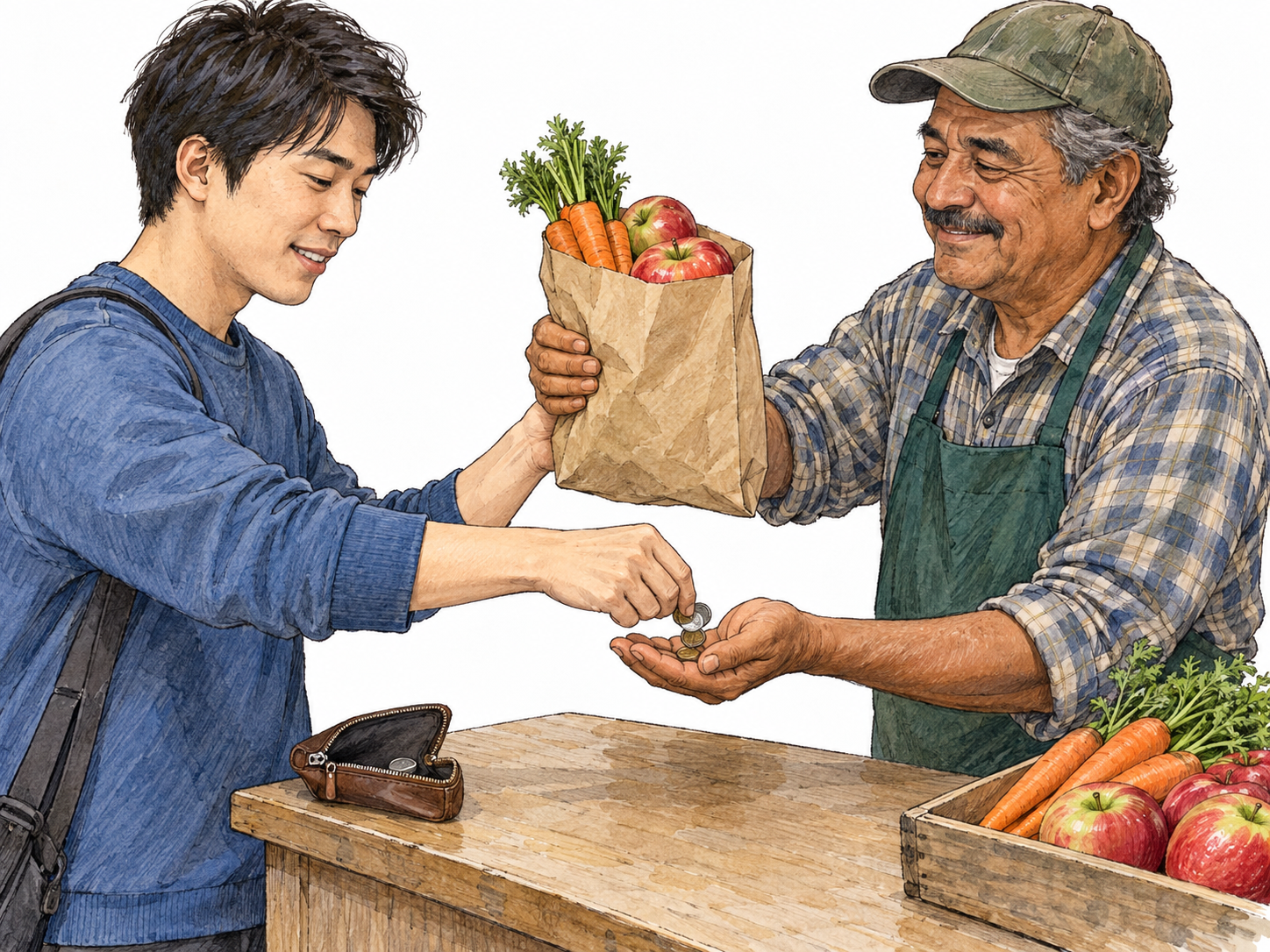A customer pays cash for a bag of fresh produce, visibly using money to obtain something.