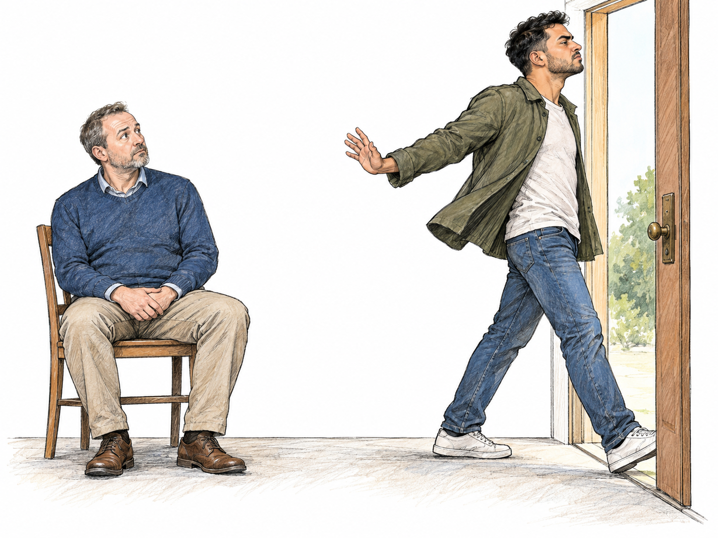 A visibly angry young man makes a theatrical exit through an open doorway, chin raised, shoulders stiff, one hand flicked dismissively backward and his jacket swinging with his emphatic stride.
