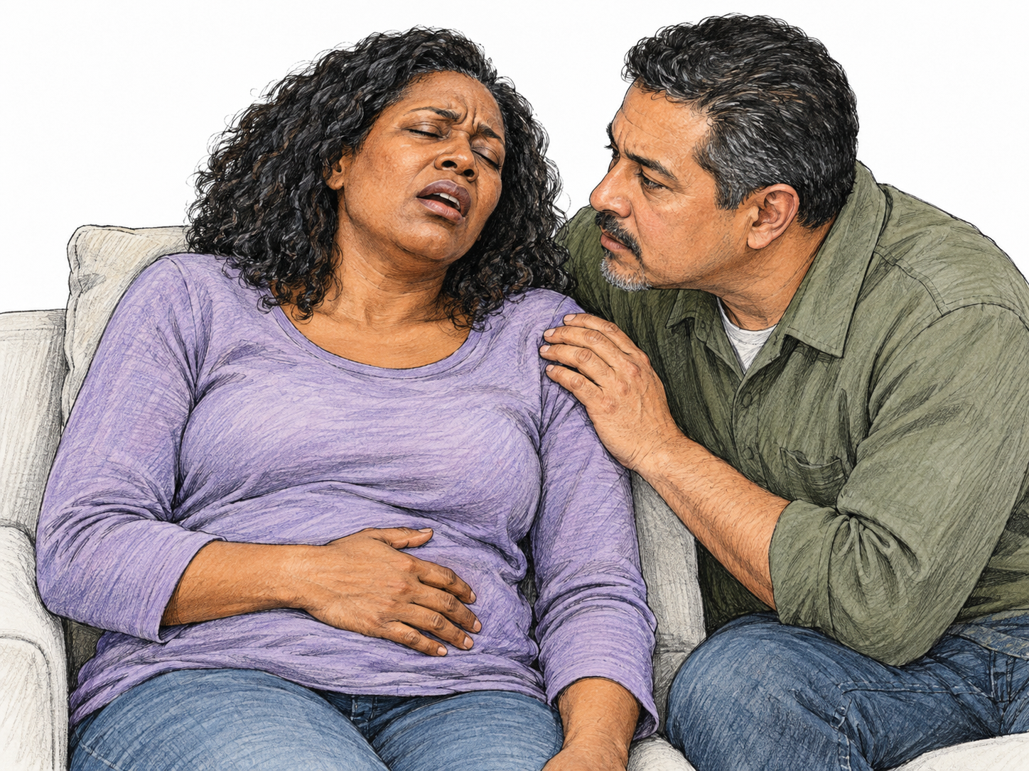 Show a woman moaning in pain, using a restrained vocal expression and a companion visibly listening close to her mouth, rather than relying on pain posture alone.