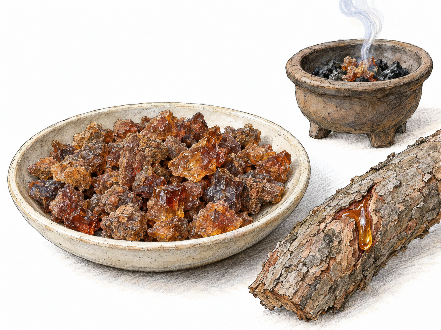 A close botanical still life of myrrh: reddish-brown resin tears beside a cut section of resin-bearing bark, with a small incense burner showing the same resin warming on charcoal.