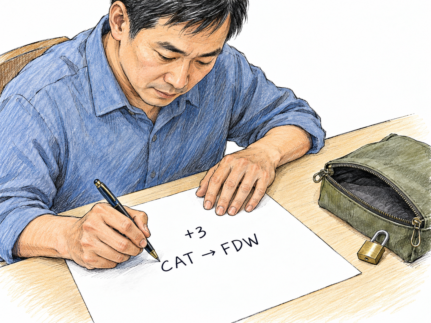 A person encodes a short message on a compact cipher worksheet before placing it in a small lockable document pouch.