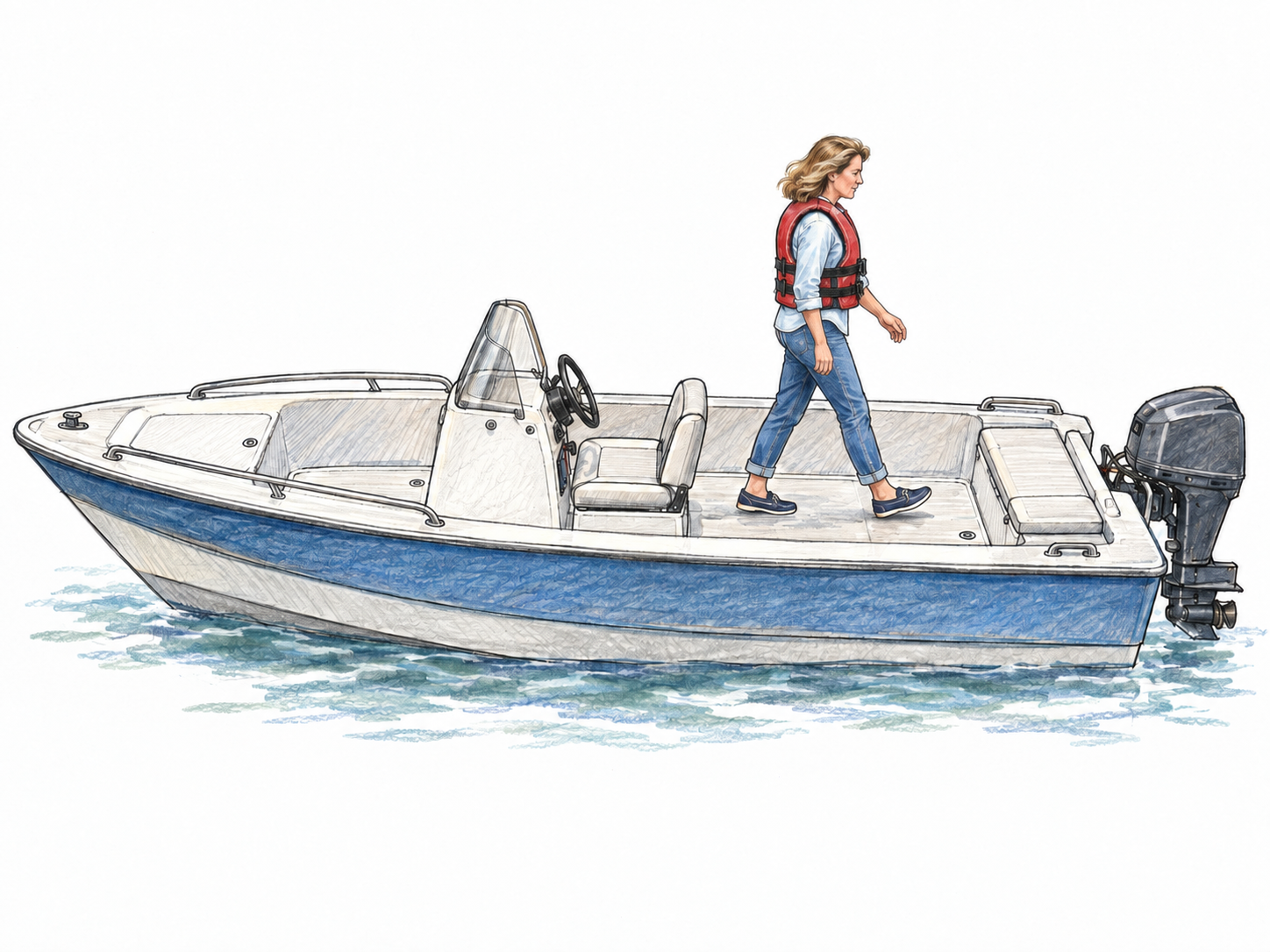 A woman walks toward the clearly visible stern of a modern small motorboat, illustrating movement aft.