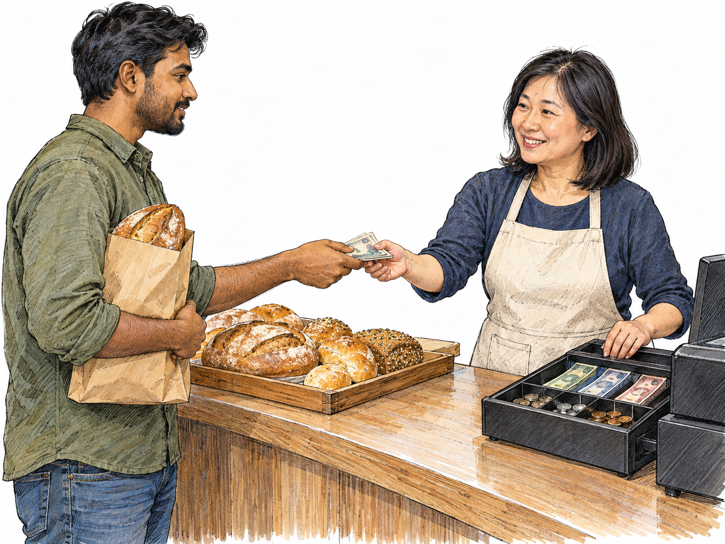 At a small bakery counter, a customer pays for bread while the proprietor receives the money beside an open cash-register drawer containing earlier takings.
