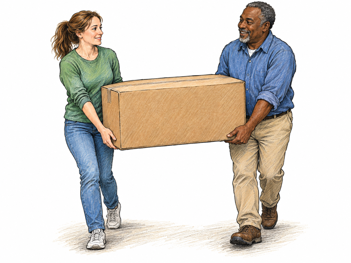 Two people carry one heavy rectangular cardboard box together, each gripping one opposite end with both hands.