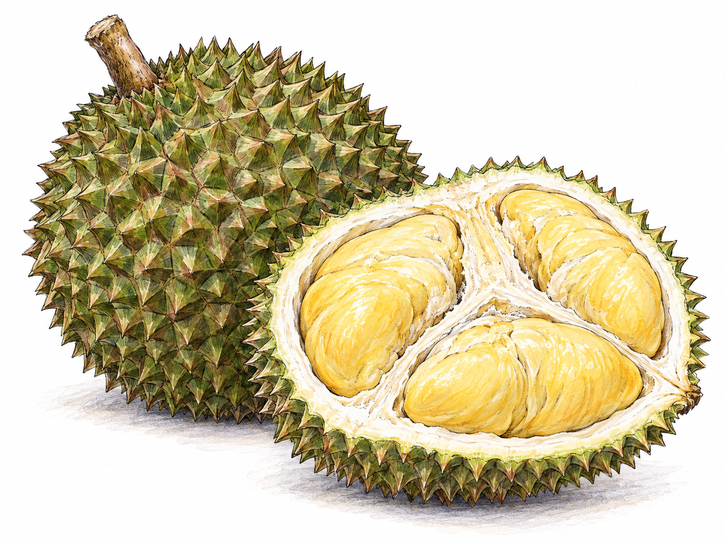 A thorny whole durian lies beside opened fruit with pale-yellow chambers.