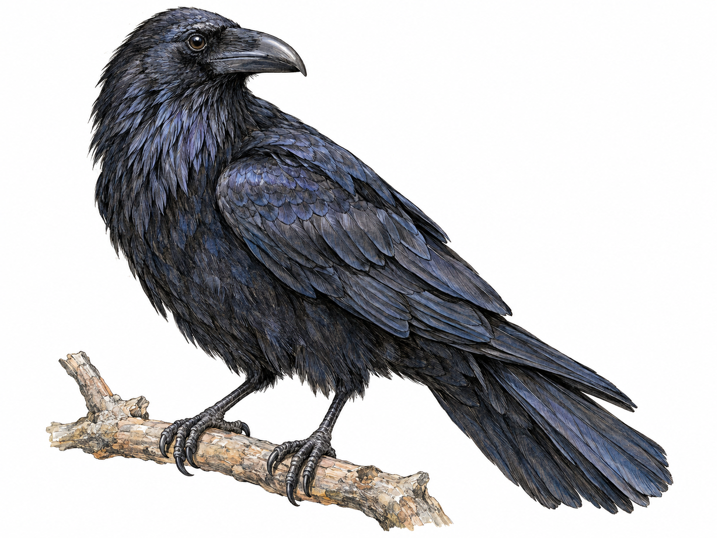 A single common raven perched on a bare branch, with its heavy curved bill, shaggy throat feathers, glossy black plumage and long wedge-shaped tail clearly visible.