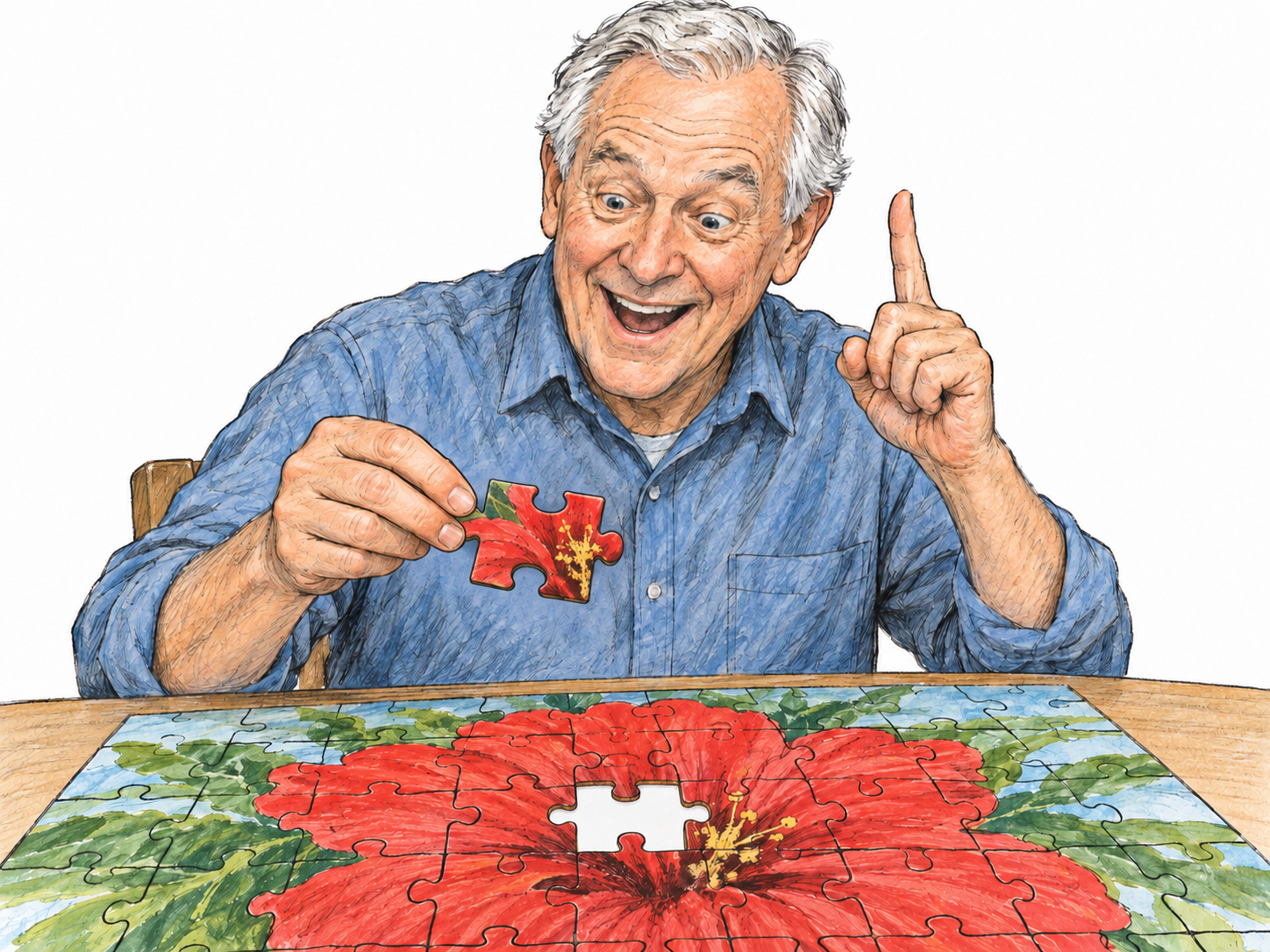 An older man triumphantly holds the final jigsaw piece directly above its unmistakably matching gap, his face lighting up and his free index finger raised in sudden realization.
