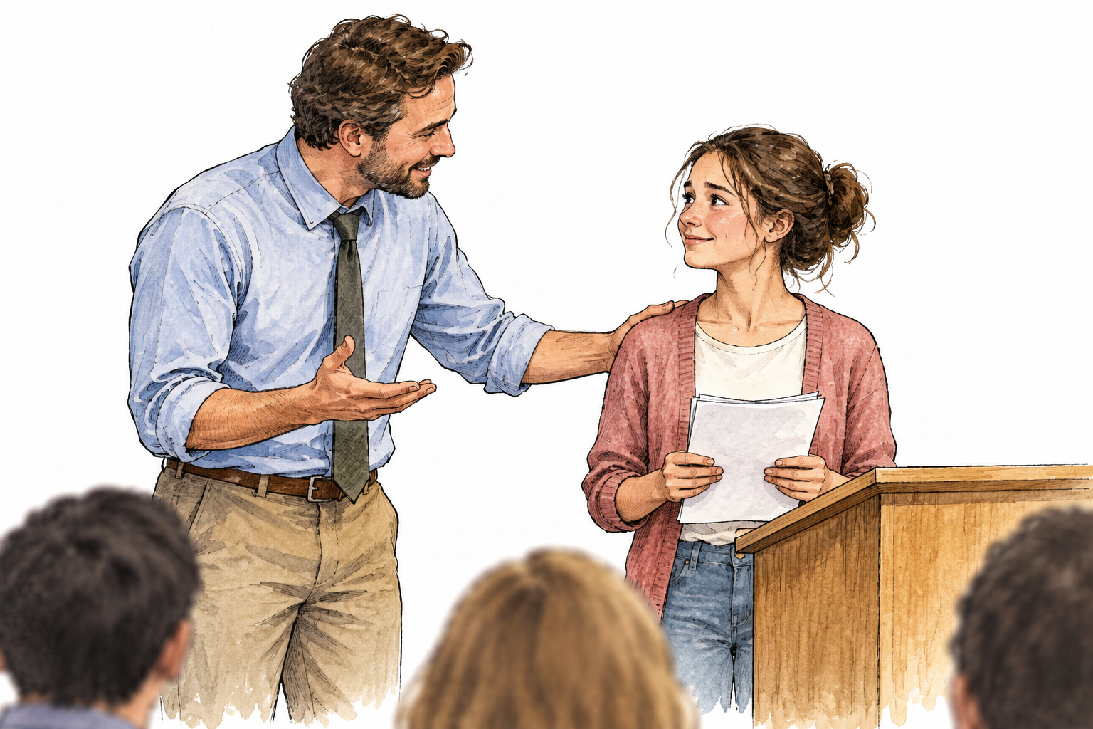 A teacher confidently reassures a worried student before a presentation, encouraging eye contact and open gesture, student's worry easing.