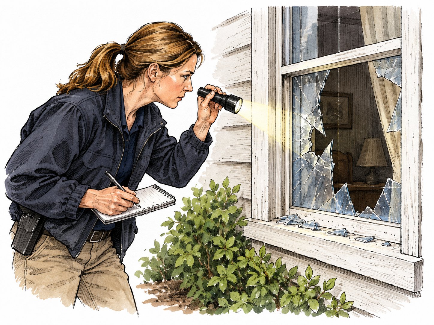 White female investigator examines a broken window with flashlight and notebook.