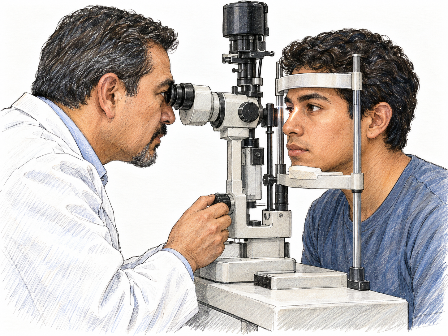 A close, uncluttered eye examination: a young man rests his chin in a slit-lamp support while an optometrist examines his eye through the instrument, making the connection to the eye and vision concrete.