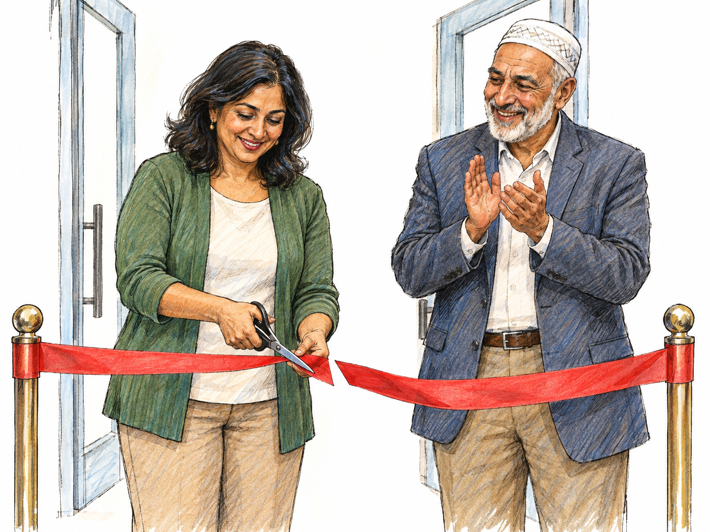 A ceremonial ribbon cutting marks the formal opening of a new community space: a middle-aged South Asian woman cuts the ribbon while an older Middle Eastern or North African man applauds beside her.