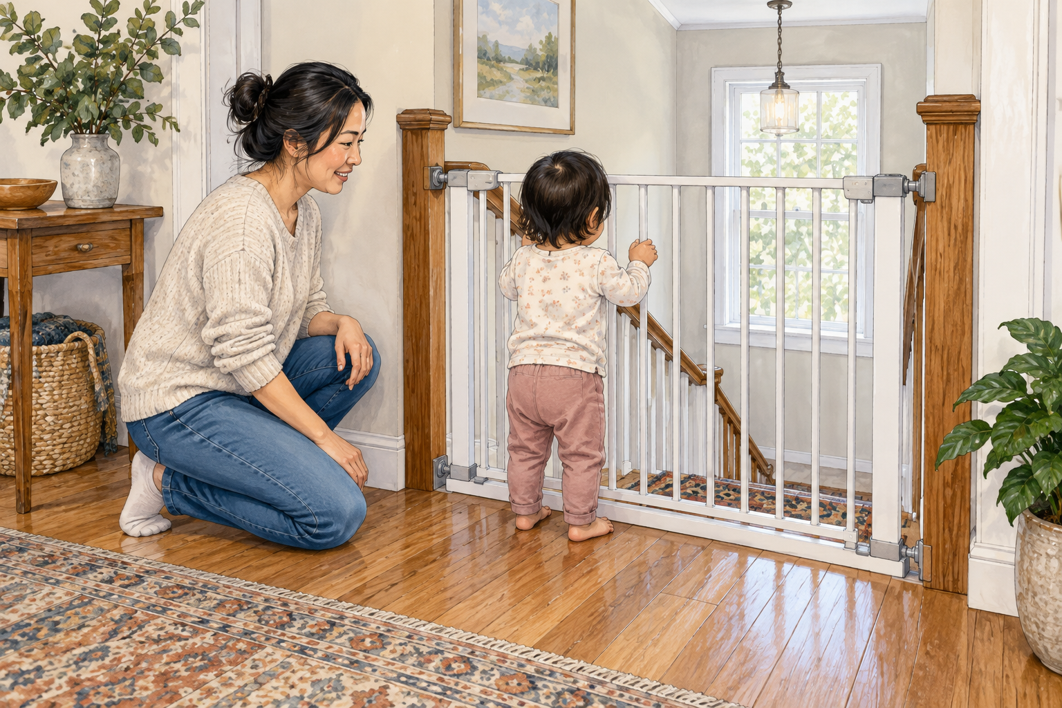 A sturdy child safety gate closed across the top of stairs while an adult watches nearby, prevention of a fall, no text.