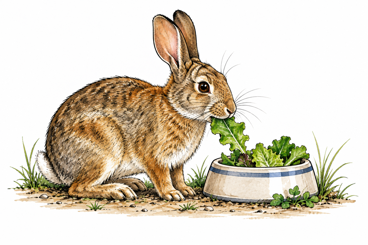 A rabbit consuming a leafy green beside its food dish, mouth nibbling leaf, animal as eater.
