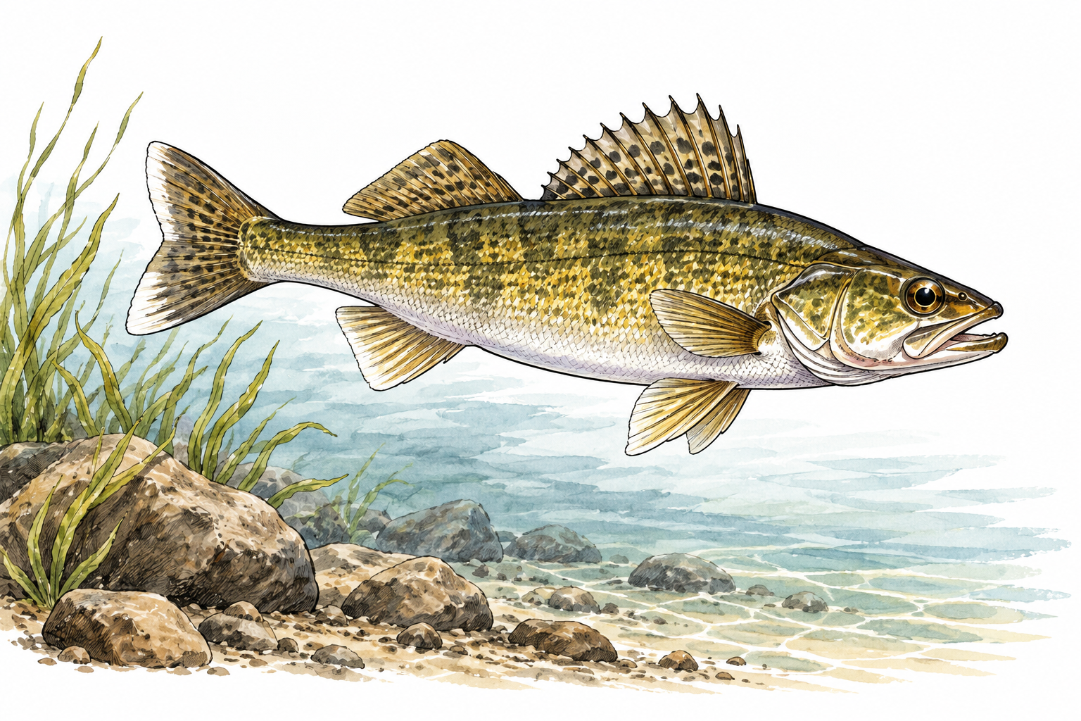 A walleye swimming in freshwater with olive gold mottled body, large glassy eye, dorsal spines and white lower tail tip, anatomically accurate, no letters.