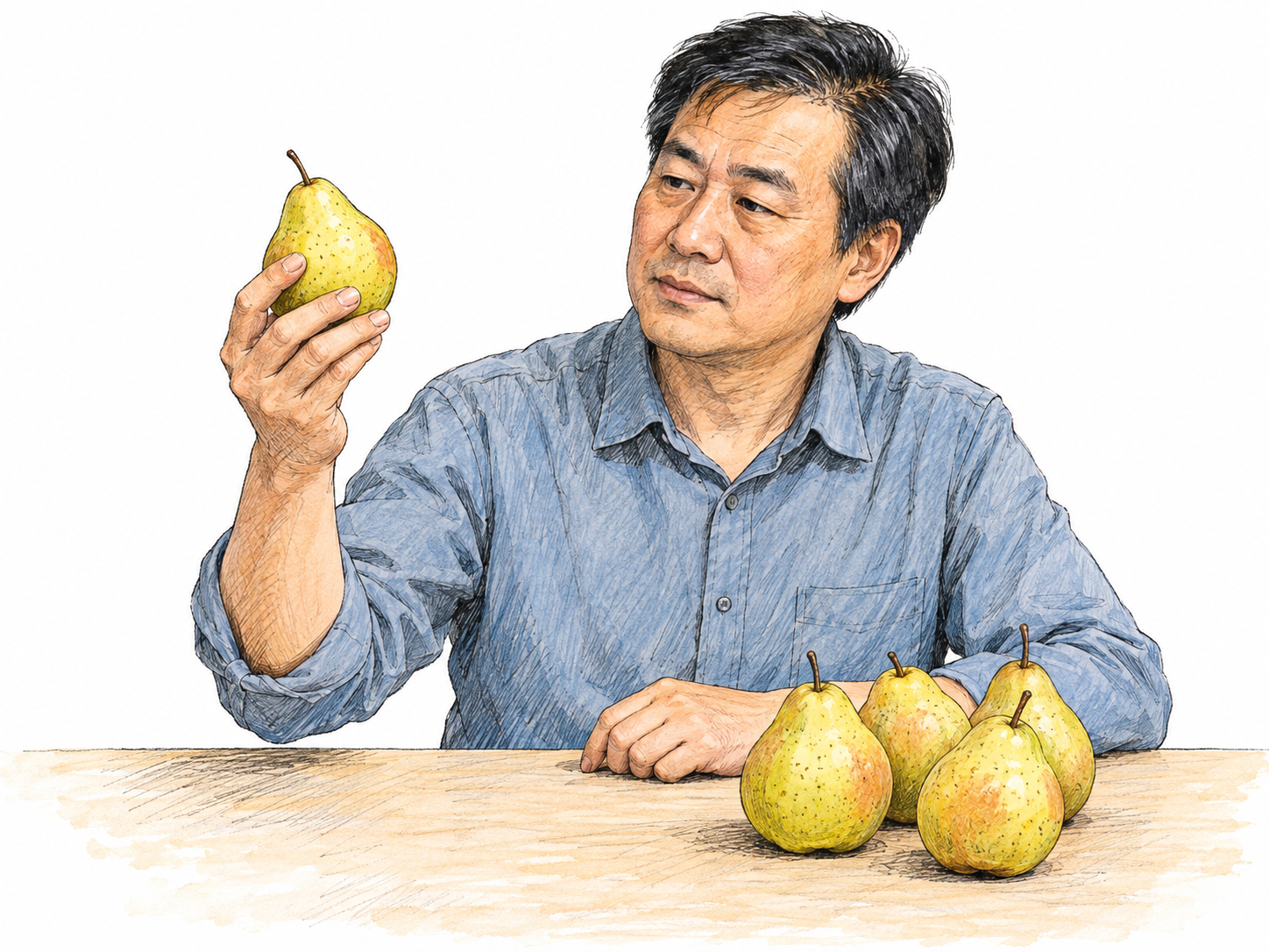 A man selects one pear from a small group of pears on a tabletop, lifting it away while the others remain together.