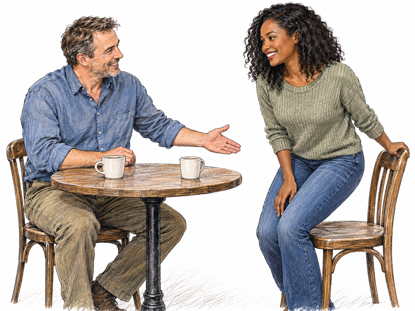 An approachable man welcomes an acquaintance to a casual café table, offering an empty neighboring chair with an easy smile.