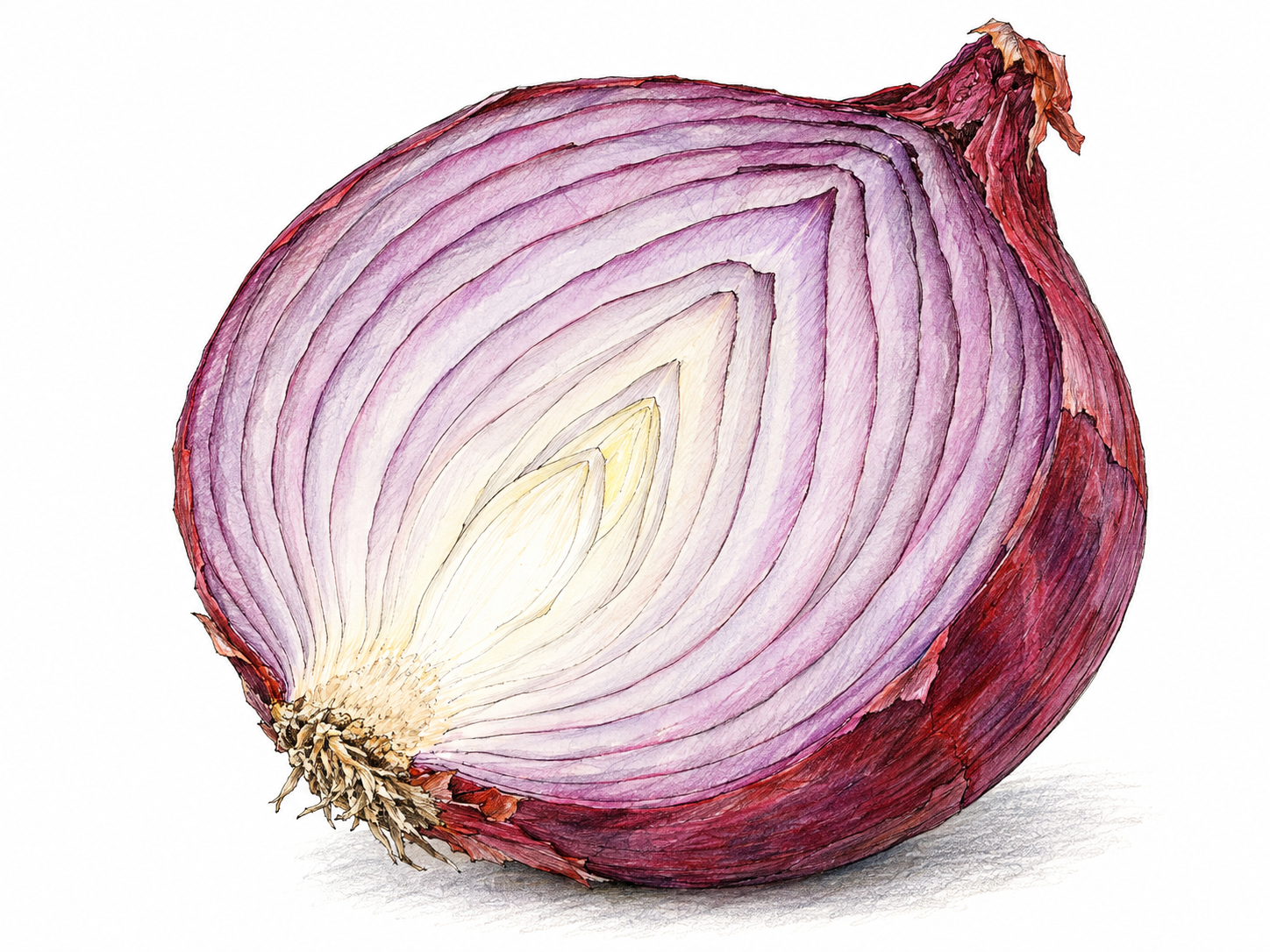 A halved red onion with clearly nested layers; its small central layers are enclosed by the larger outer rings, making the inner position immediately visible.