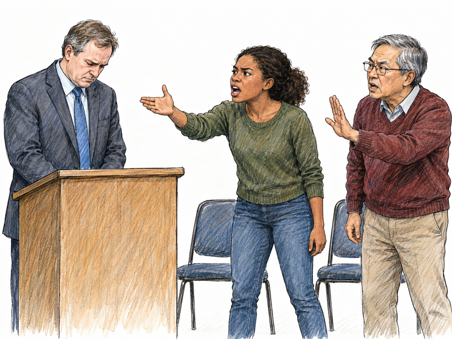 At a public meeting, a man standing beside a plain lectern recoils under forceful spoken criticism from two attendees, making public verbal condemnation—not physical conflict—the focus.