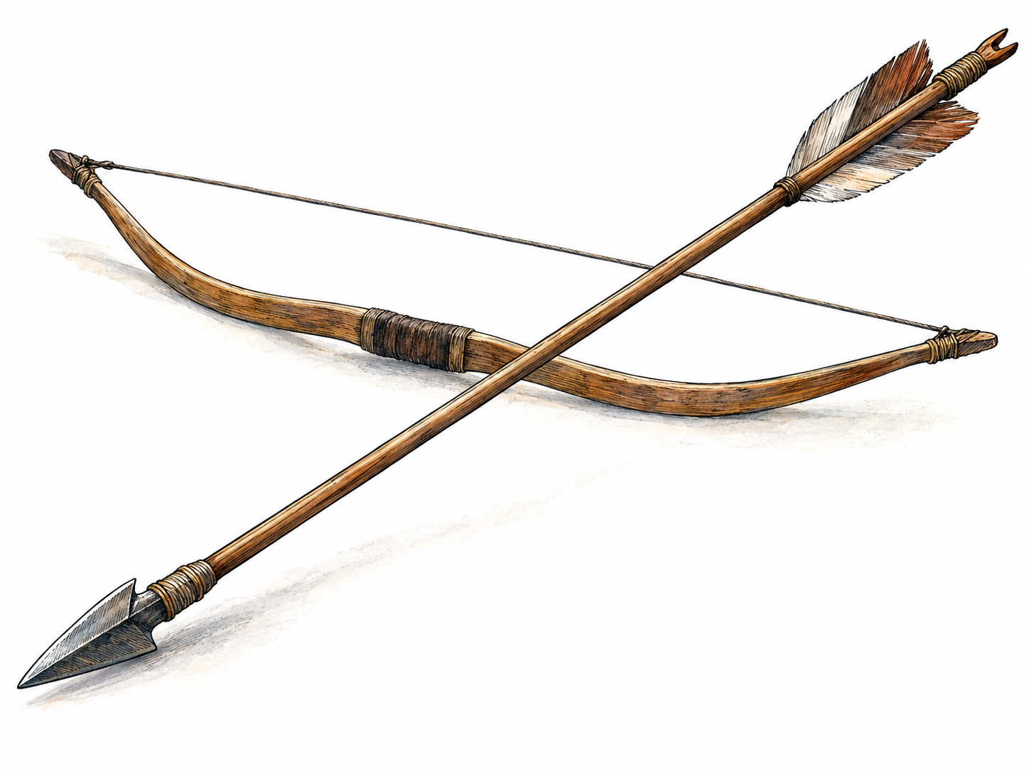 A single complete arrow displayed prominently, with its sharp point, straight shaft, feather fletching and nock clearly visible; a simple strung bow behind it establishes its use.