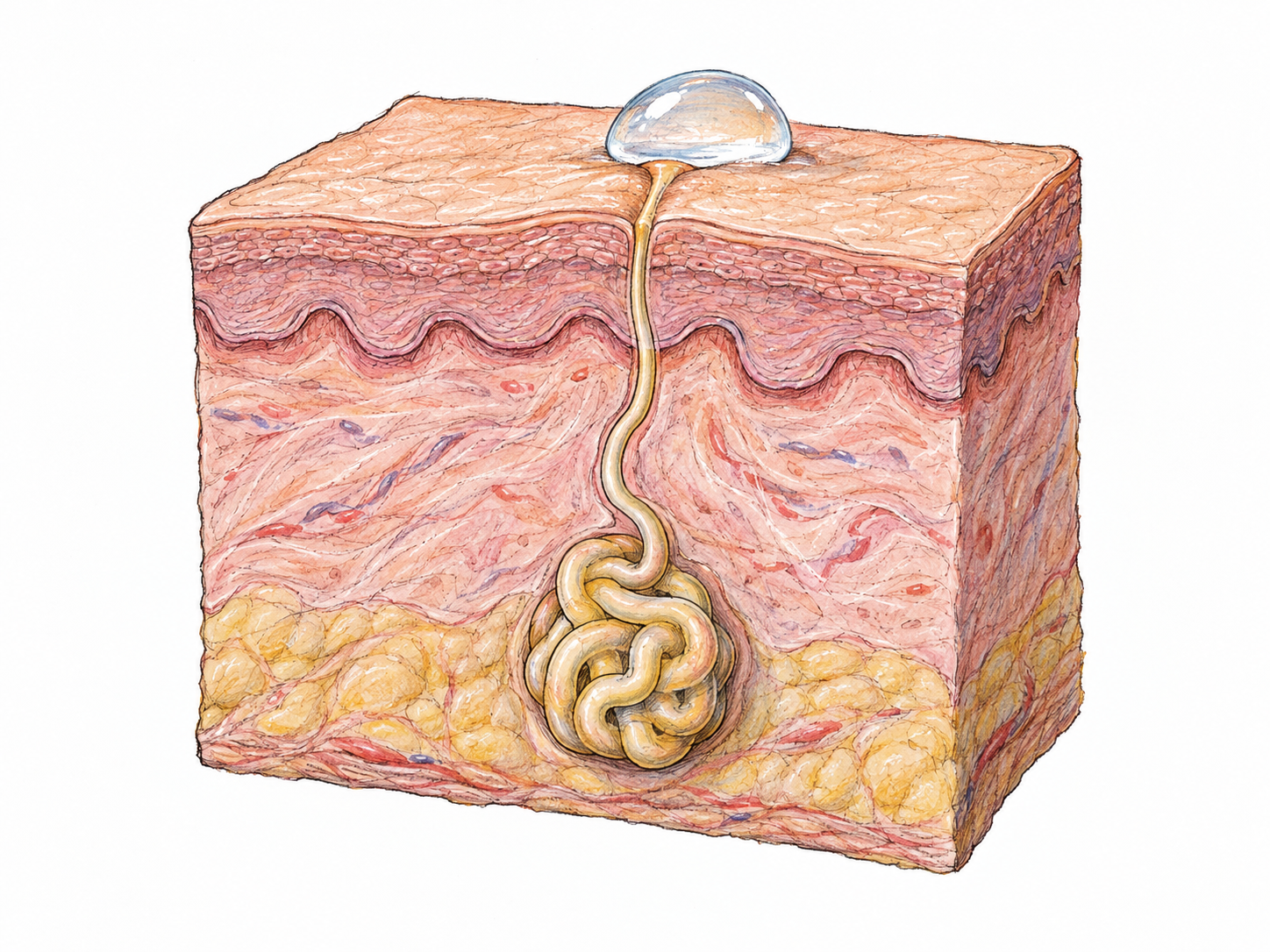 A close cutaway of a small skin sample shows a coiled sweat gland connected by a continuous duct to a pore, where a prominent clear bead of sweat has emerged.