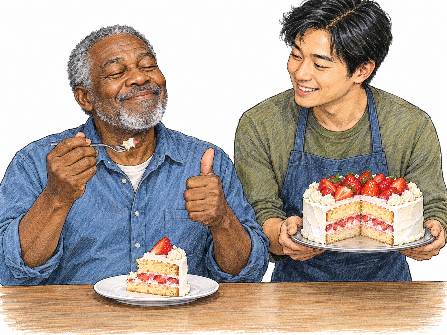 A young man serves an older man a slice of strawberry cake.