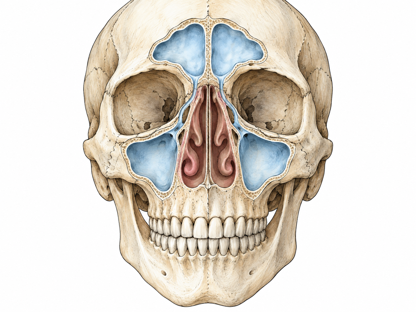 Simple medical frontal cutaway adult skull/nose showing paired frontal sinuses above eyes and paired maxillary sinuses beside nose as pale-blue air cavities, small channels join nasal passage.