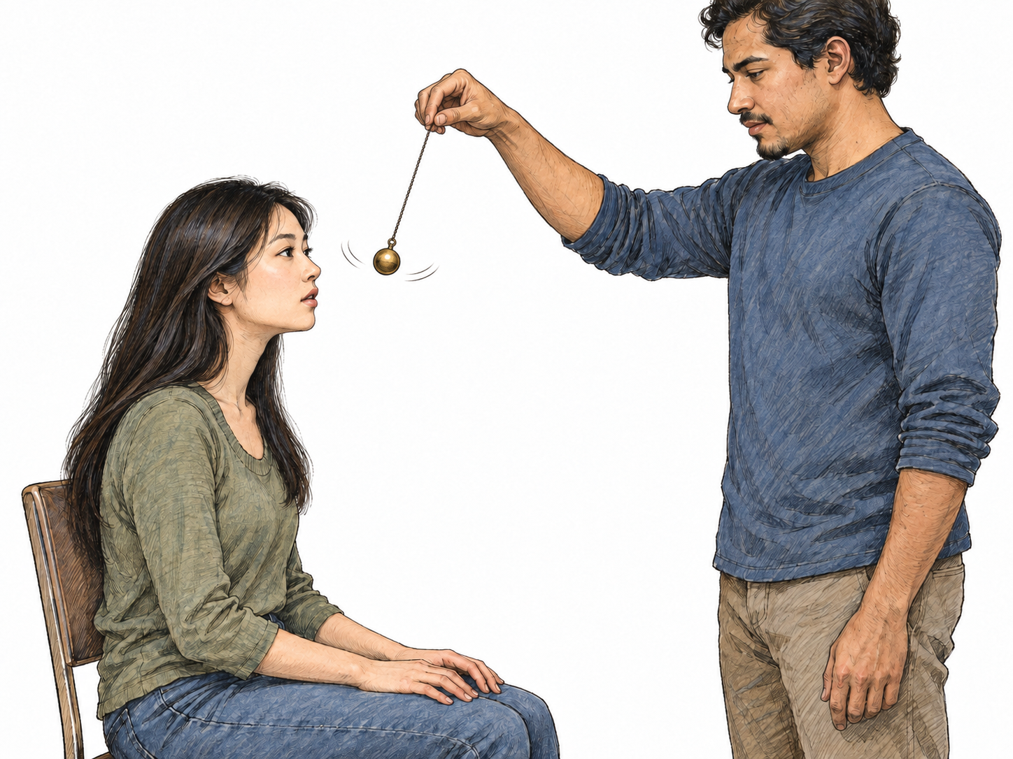 A seated woman gazes glassily at a small swinging pendulum held at eye level by a man, her relaxed, motionless posture contrasting with the pendulum's movement.