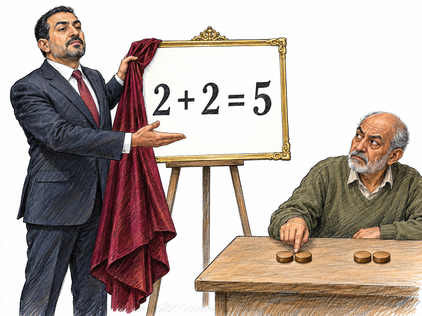 A grandly self-important presenter solemnly unveils the absurd equation 2 + 2 = 5, while an older observer checks two pairs of counters and looks back skeptically.