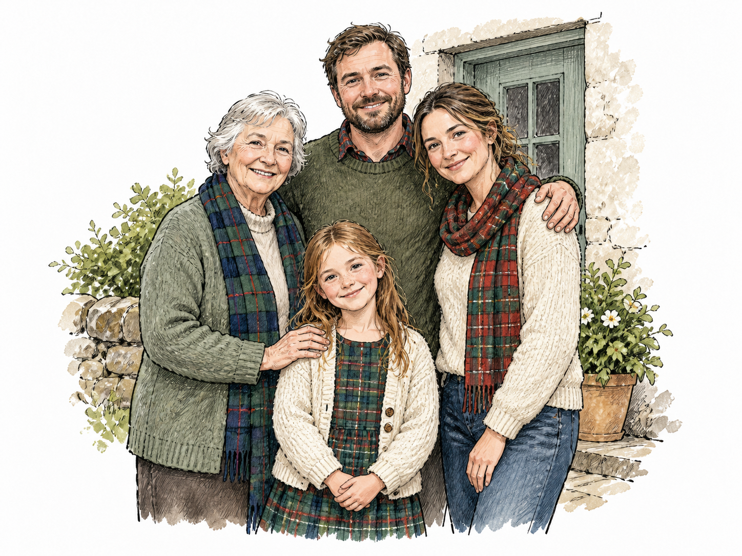 Three generations of a Scottish family gather closely outside a modest home wearing varied everyday clothes with a few understated tartan elements, close family group identity, no crests or labels.