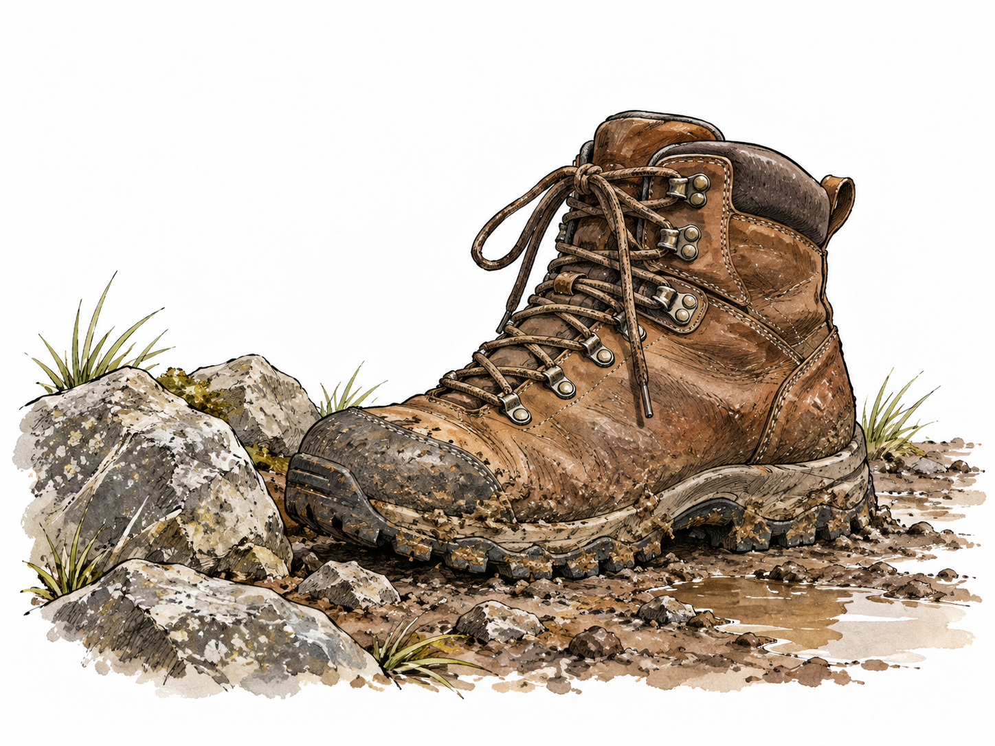 A well-worn leather hiking boot remains intact beside scratched rocks and a muddy trail.