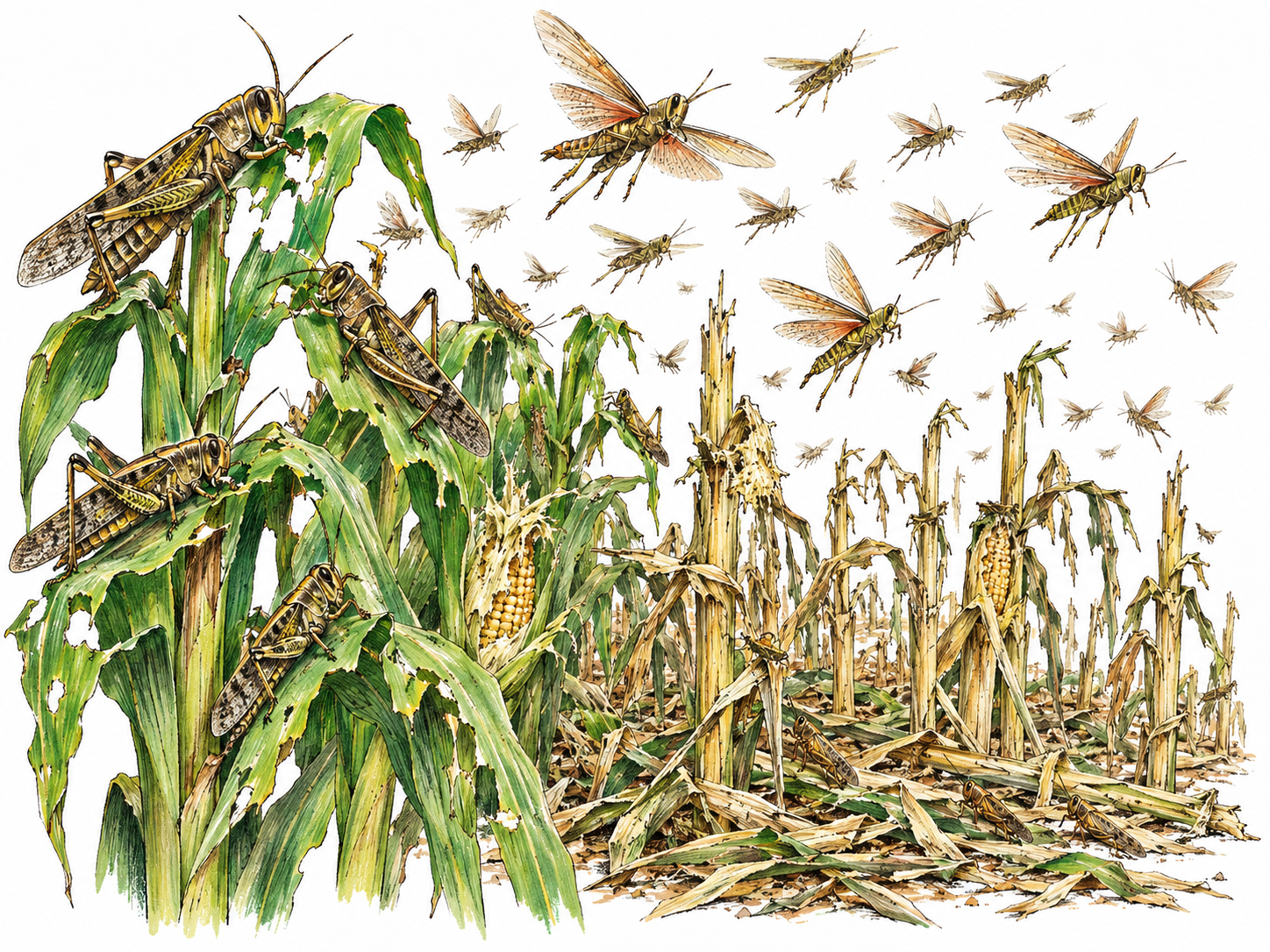 A destructive locust swarm ravages a small crop field: insects visibly chew the remaining green leaves beside a broad patch of stripped, ruined stalks.