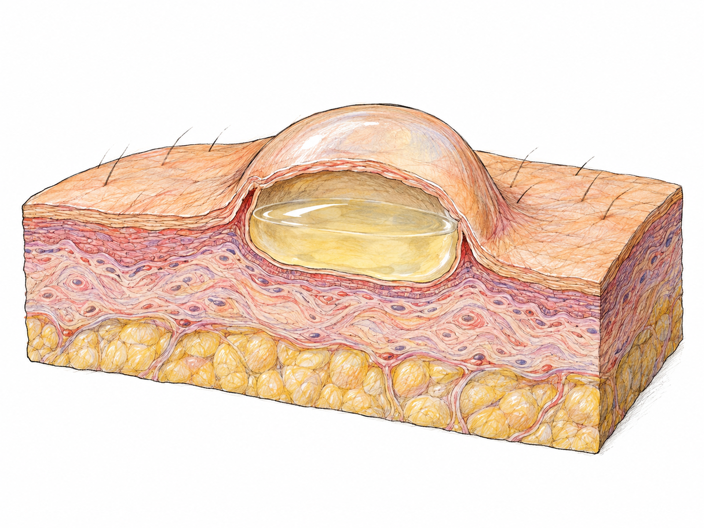 An isolated magnified cutaway of a tiny clear blister in skin tissue, showing a thin, dome-shaped tissue roof enclosing a small pocket of transparent fluid above the underlying tissue.