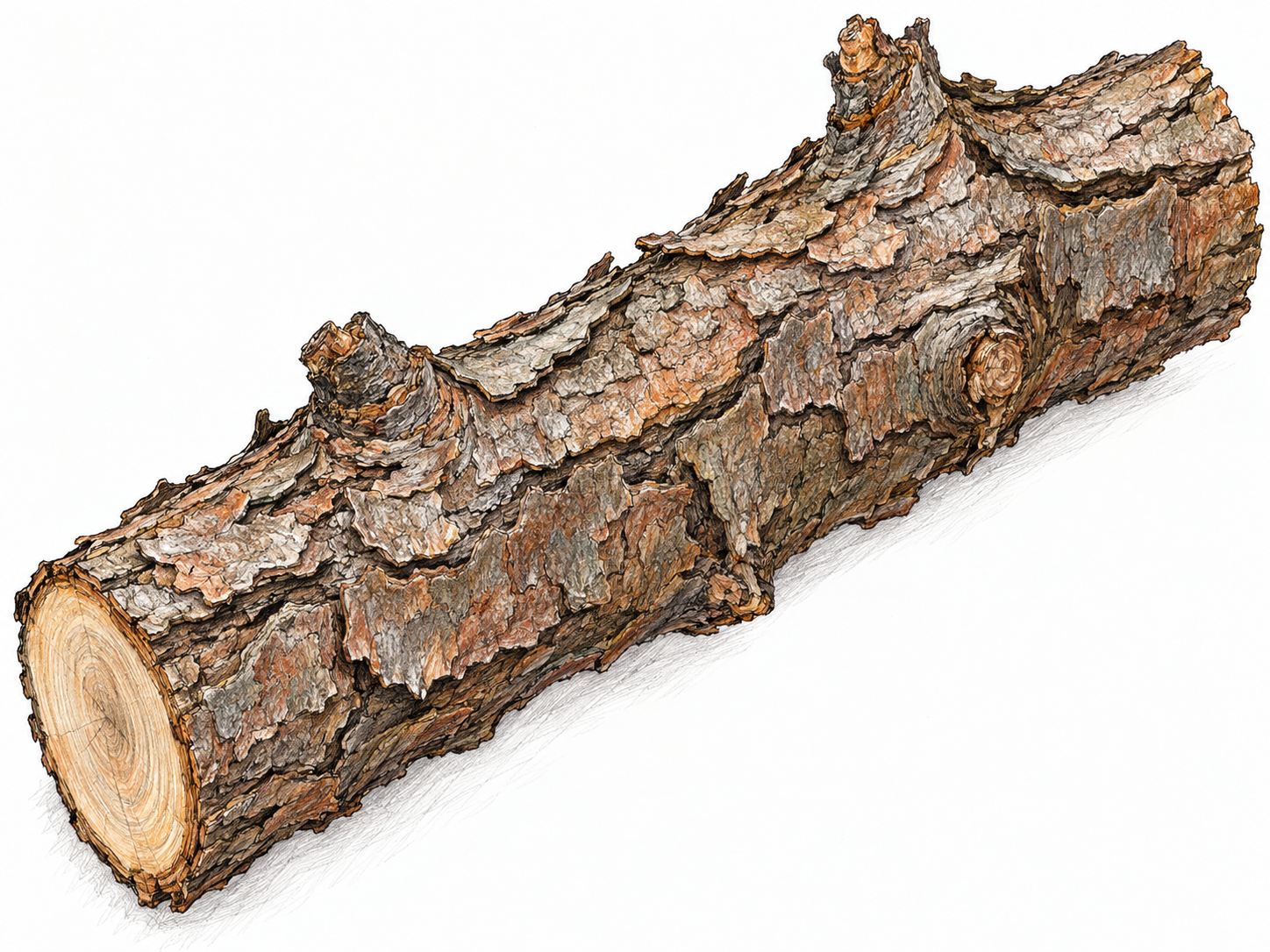 A close-up of a short, thick branch with coarse, scaly bark: raised crusts, jagged flakes, and deep irregular fissures make its rough surface immediately visible.