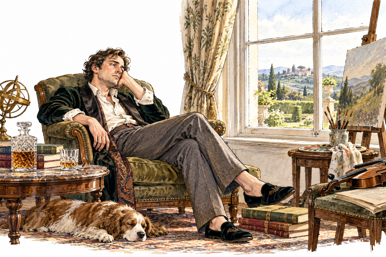 A bored wealthy adult lounges listlessly by a window with untouched books and hobbies, weary dissatisfaction.