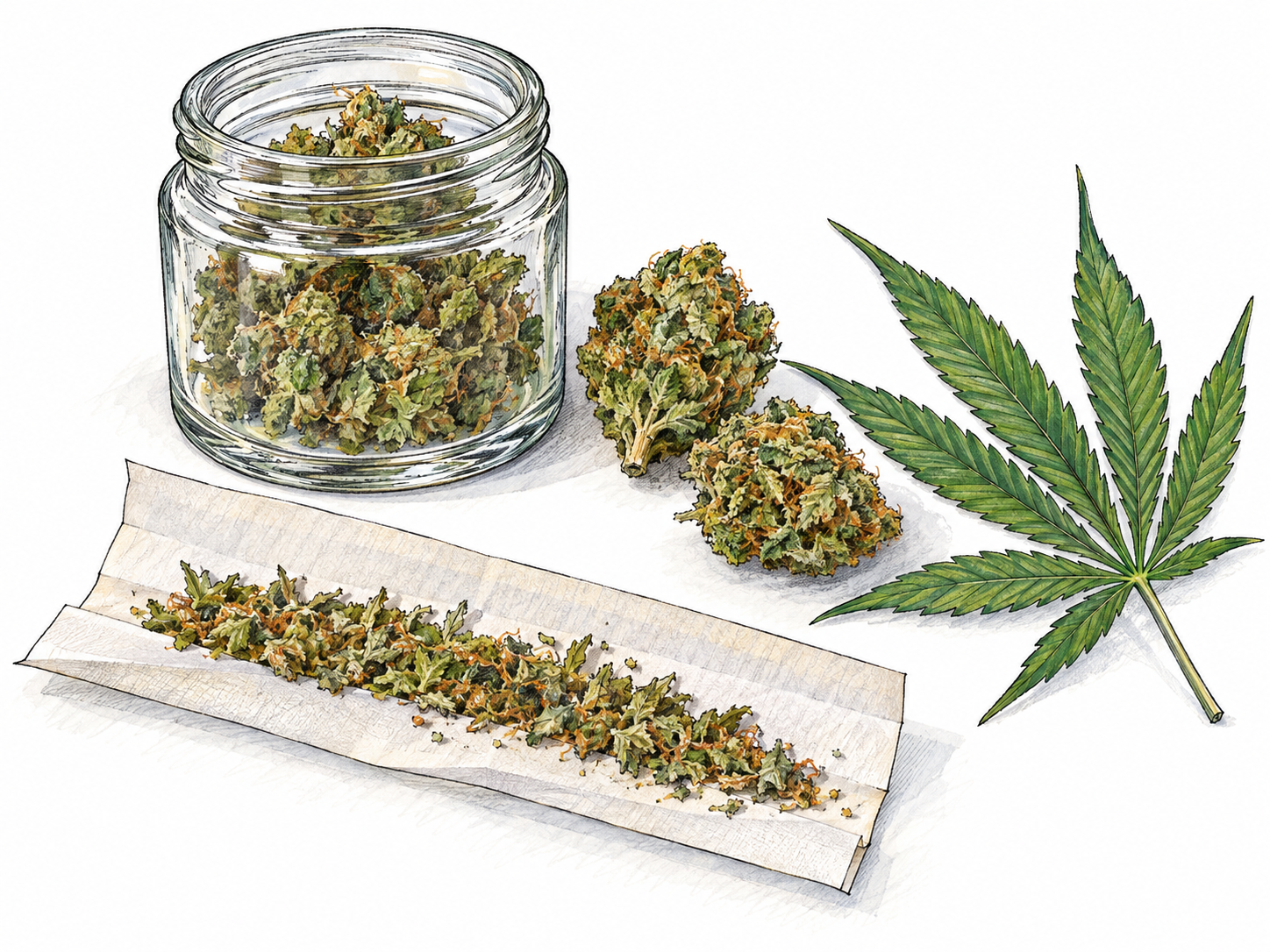 A small open glass jar of dried cannabis flower buds beside a partially filled rolling paper and one recognizable cannabis leaf.