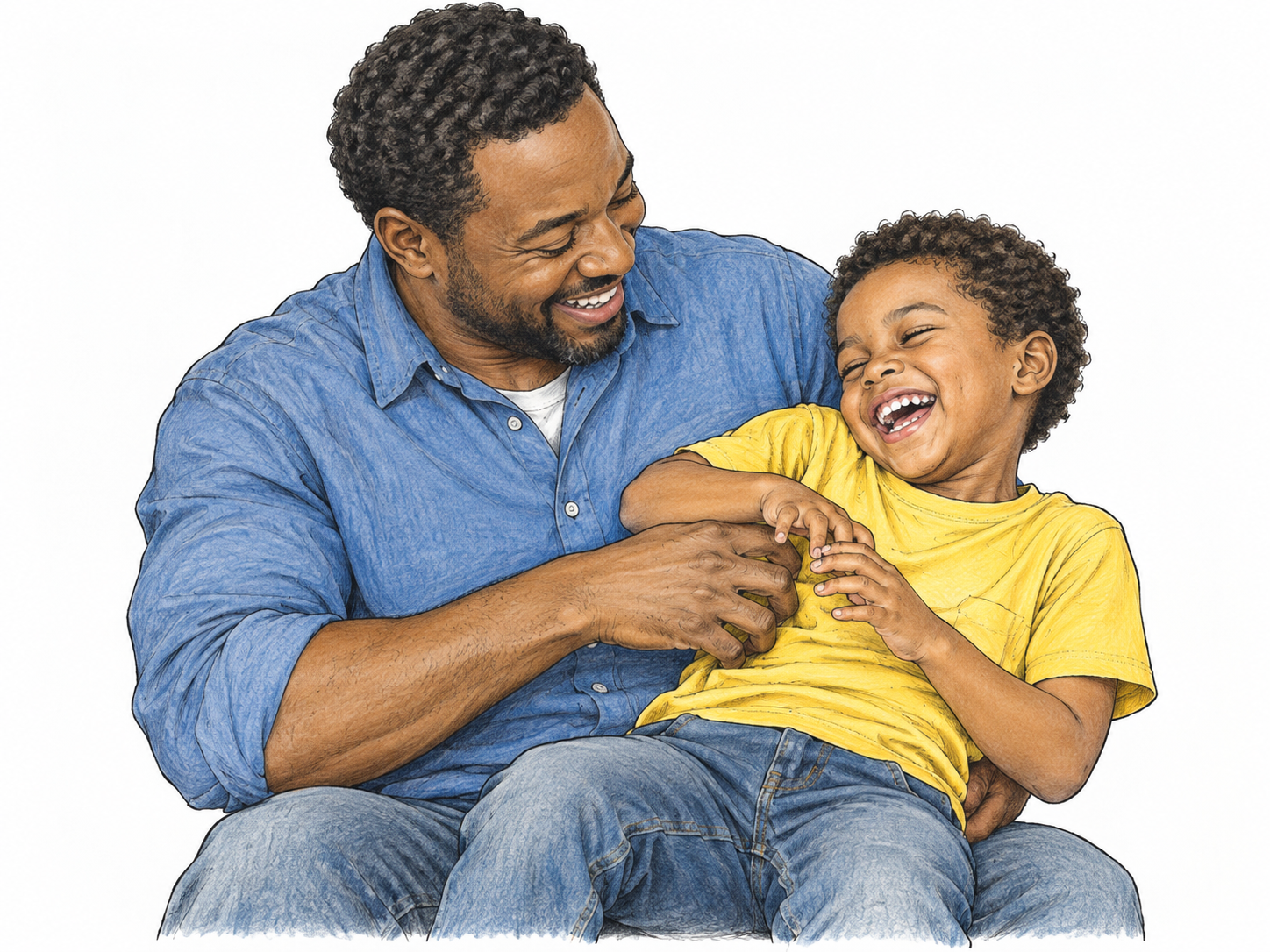 Father gently tickles child's clothed side with fingertips; child laughs freely and playfully reaches toward his hand.
