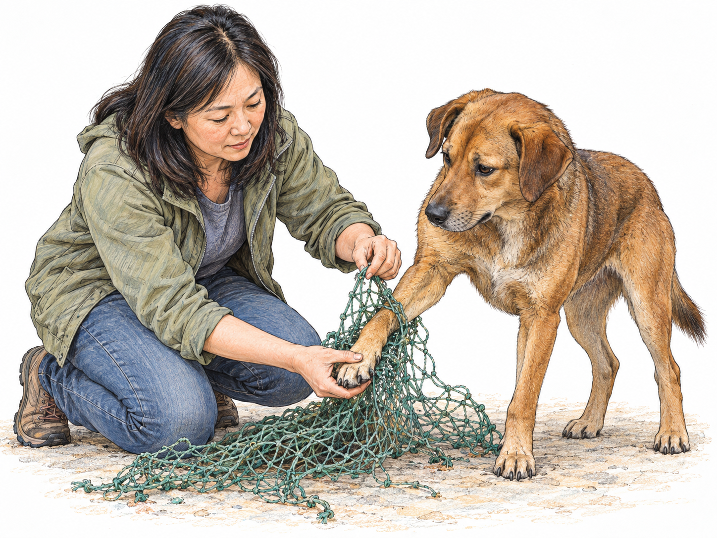 A woman carefully extricates a dog's foreleg from a tangled piece of discarded netting, lifting the loosened mesh away as the paw emerges.
