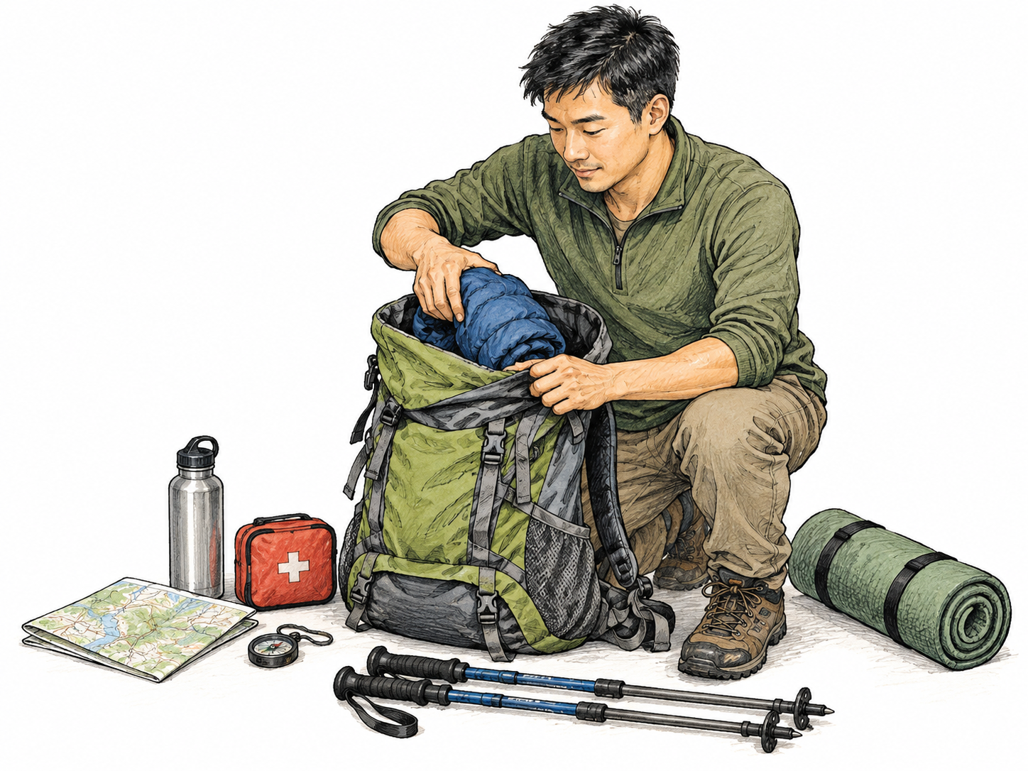 An adult packs essential hiking items neatly into an open backpack before departure; practical preparation action.