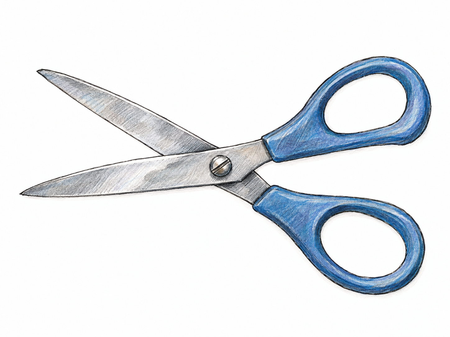A single pair of slightly open scissors, viewed from above, clearly showing two crossed metal blades joined by a visible pivot and two finger loops.