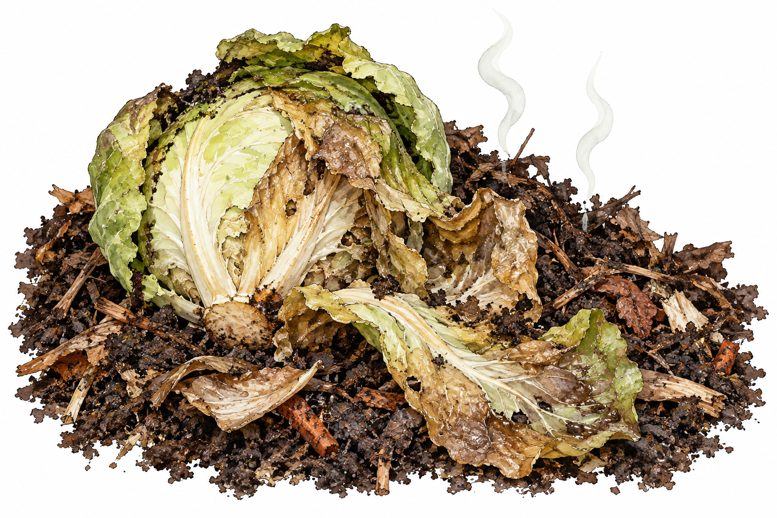 Discarded cabbage decays in compost with mushy browned leaves and subtle odor wisps, botanical decay only.