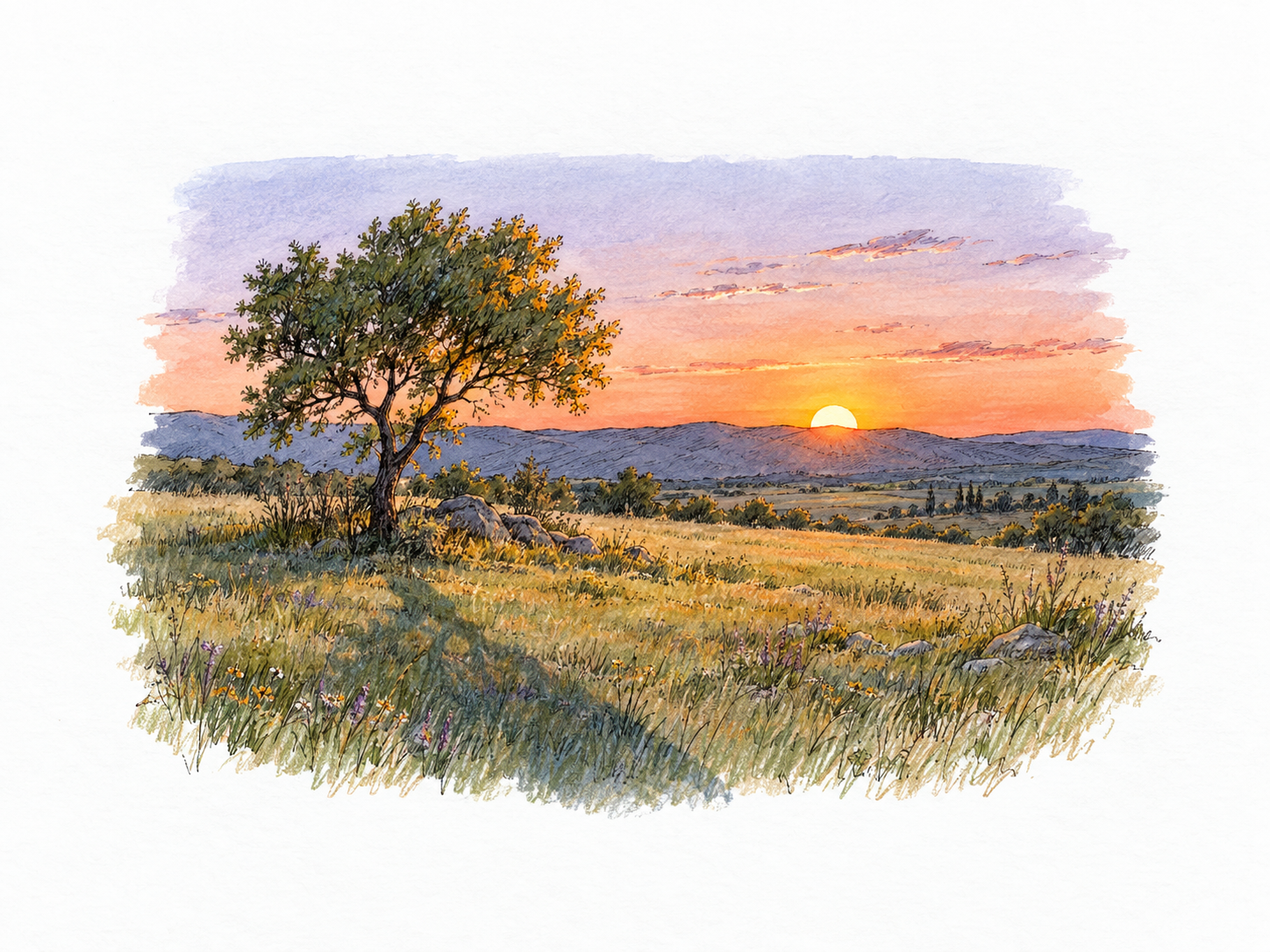 A quiet landscape at sunset: a low orange sun touches the horizon beyond a meadow, with warm light catching the grass and long shadows stretching toward the viewer.